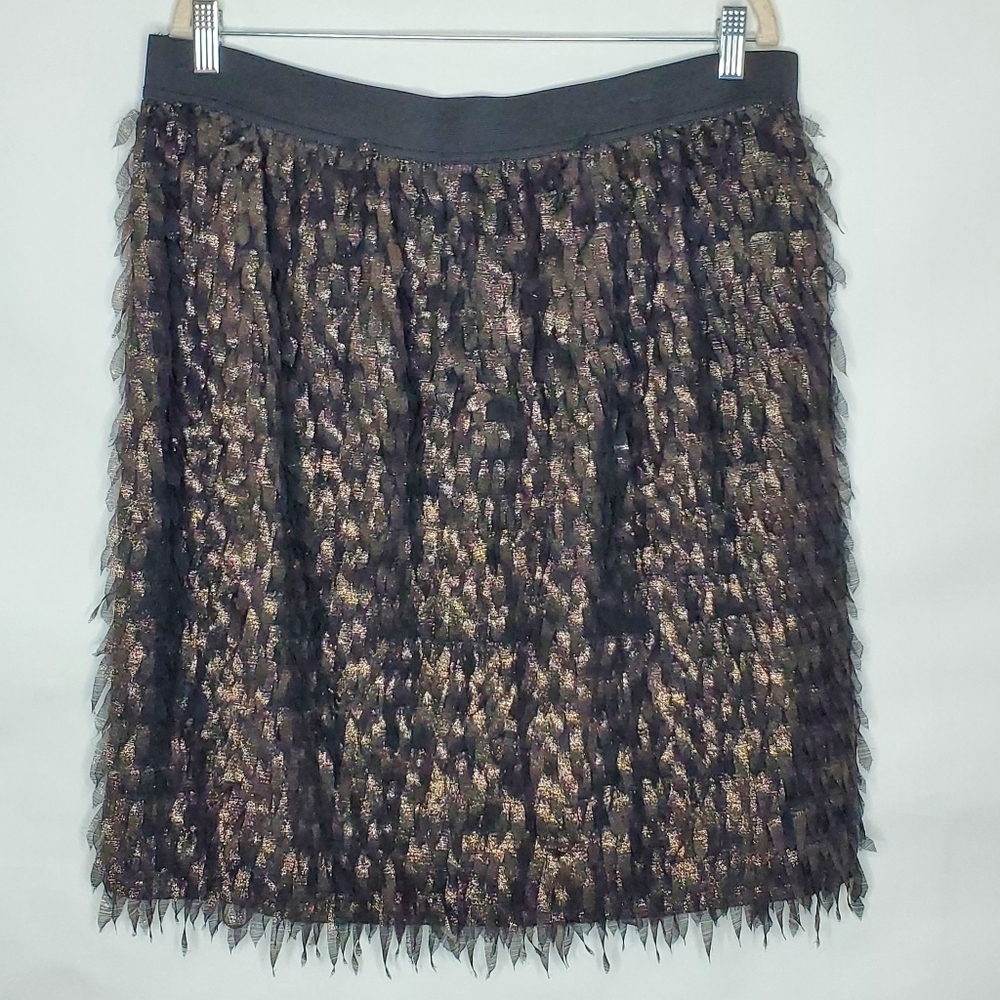 Worthington‎ Black Gold Petals Skirt Size XL Chiffon Feathers Stretch Party